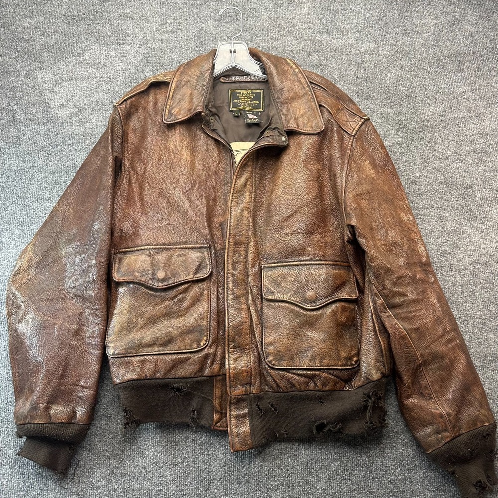 Cockpit USA Type A-2 Flight Bomber Jacket Men L Brown Goatskin Collared Full Zip